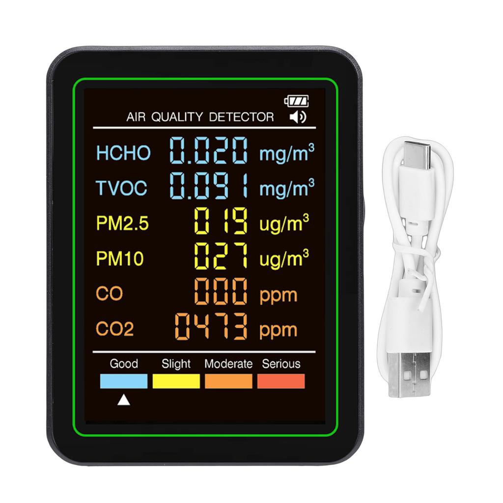 6-в-1 Монитор качества воздуха с обнаружением CO CO2 TVOC HCHO PM2.5 PM10, Инфракрасный датчик, Цветной ЖК-экран, Портативный, для дома