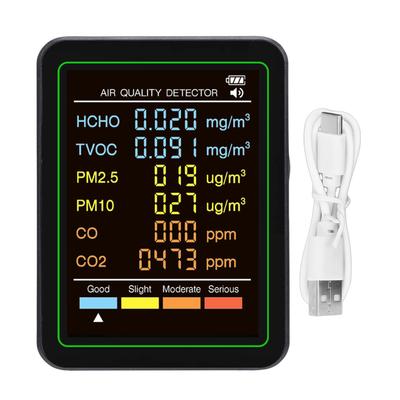 6-в-1 Монитор качества воздуха с обнаружением CO CO2 TVOC HCHO PM2.5 PM10, Инфракрасный датчик, Цветной ЖК-экран, Портативный, для дома