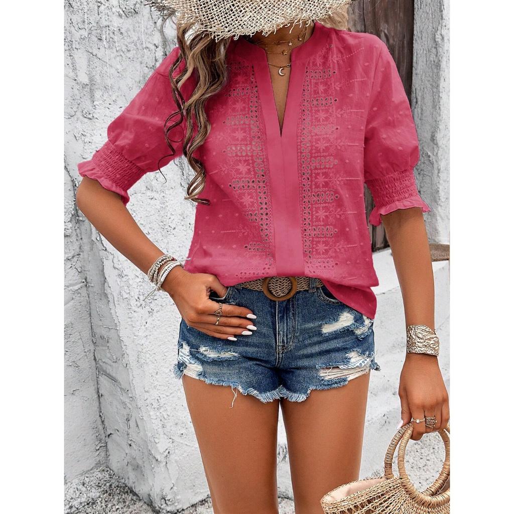 GMXIA Spring Summer V-neck Bubble Sleeve Hollow Sleeve Hairball Lace T-shirt Top Woman