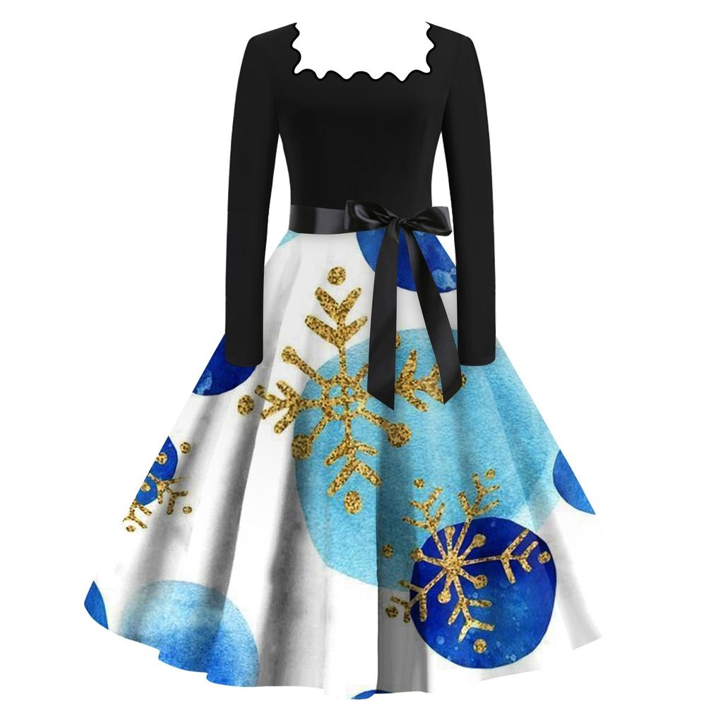 Женские повседневные модные платья с длинными рукавами и рождественским принтом с квадратным вырезом в винтажном стиле