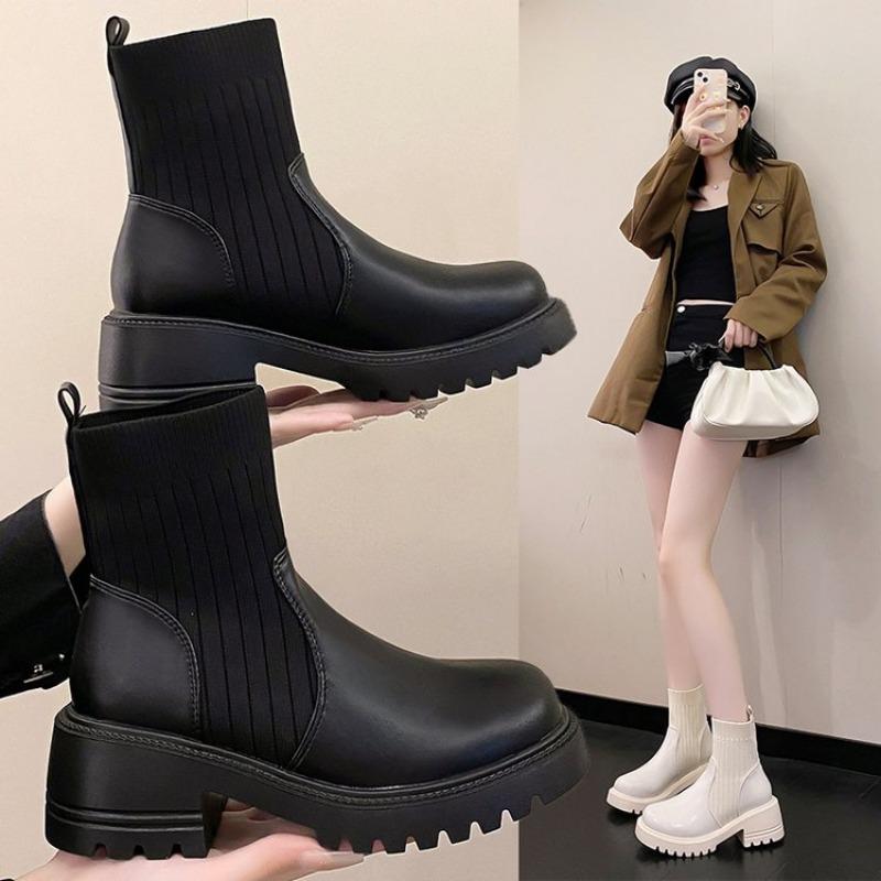 Модные ботинки большого размера на квадратном каблуке с круглым носком, новые осенне-зимние ботинки-носки средней длины shein