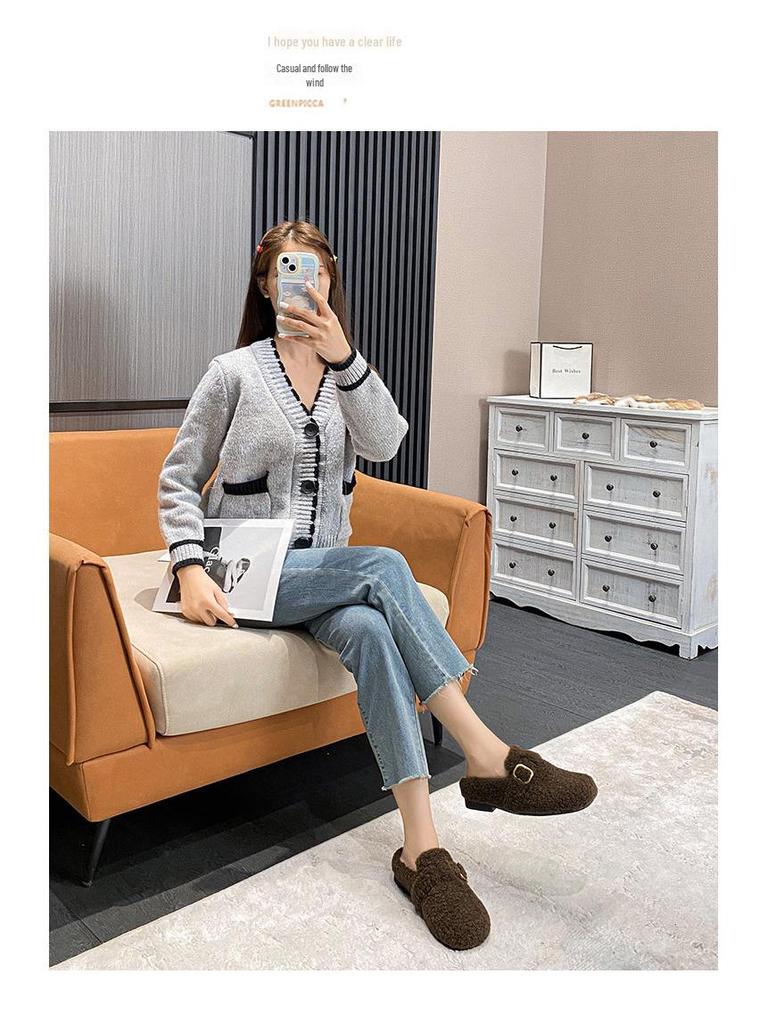 2025 Autumn/Winter Women's Thick Heel Fur Slippers, Round Toe, Closed Toe Mules, Size 41-43. Perfect for Outdoor Wear.