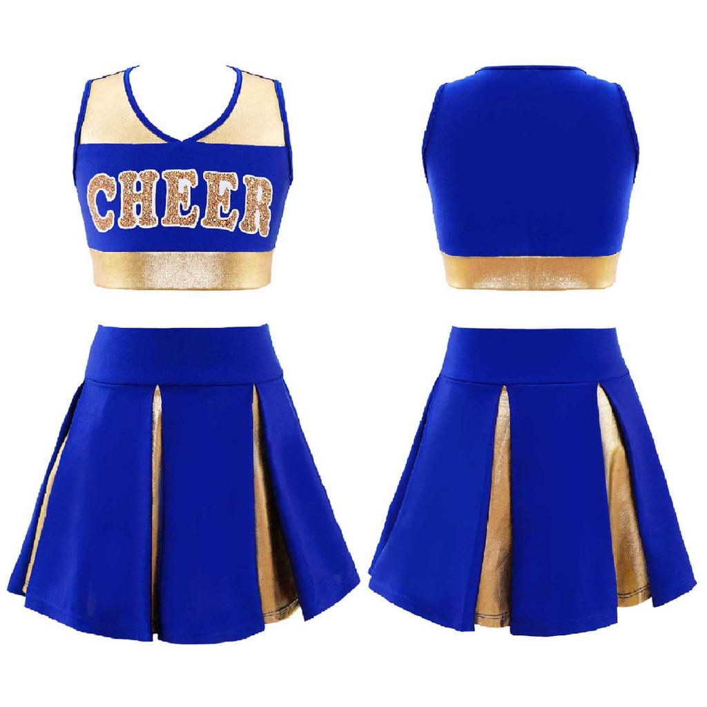 Kids Girls Cheerleading Costume Cheerleader Uniform Sleeveless V Neckline Letter Print Crop Top with Elastic Waistband Skirt