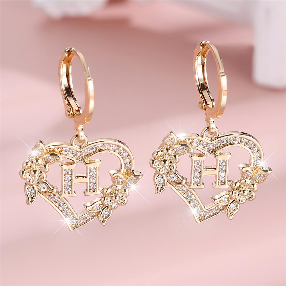 Female A-Z 26 Letter Heart Flower Hoop Earrings Yellow Gold White Zircon Wedding Jewelry For Women