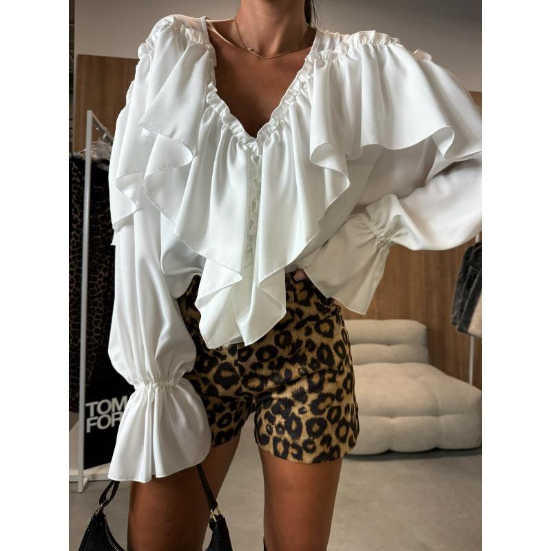 QICED Женские модные повседневные однотонные блузки и рубашки с v-образным вырезом и длинным рукавом с принтом