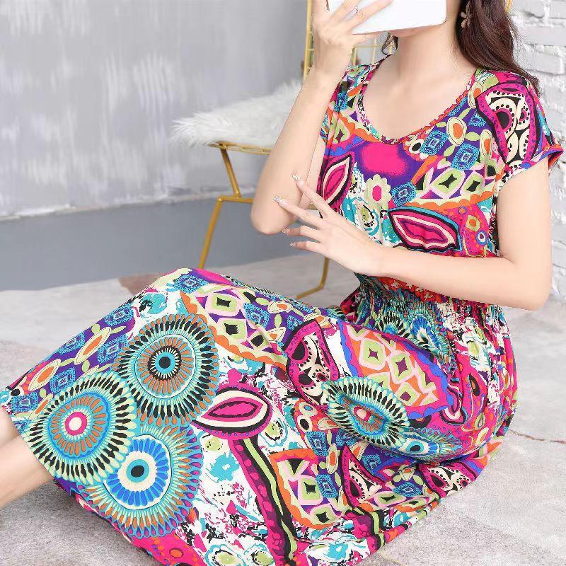 Летнее платье из хлопка и шелка в этническом стиле с цветочным принтом, модное элегантное платье больших размеров с короткими рукавами и средней длиной