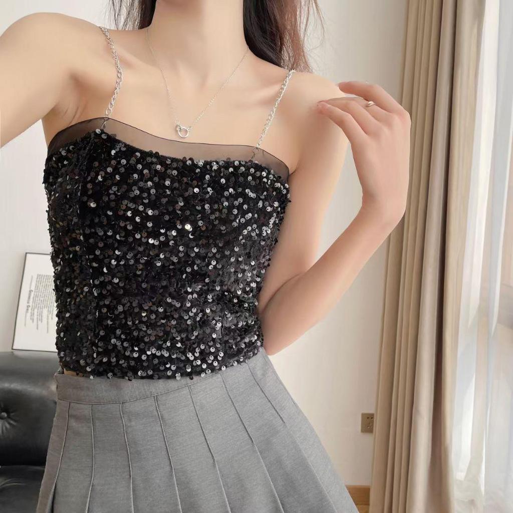 Slim Sequin Bandeau Tank Top - Summer Fashion
