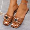 Fashion Women Slippers Summer Comfort Outdoor Shoes Fashion Square Toe Non Slip Beach Sandals Metal Chain Flat Slippers Slides Women