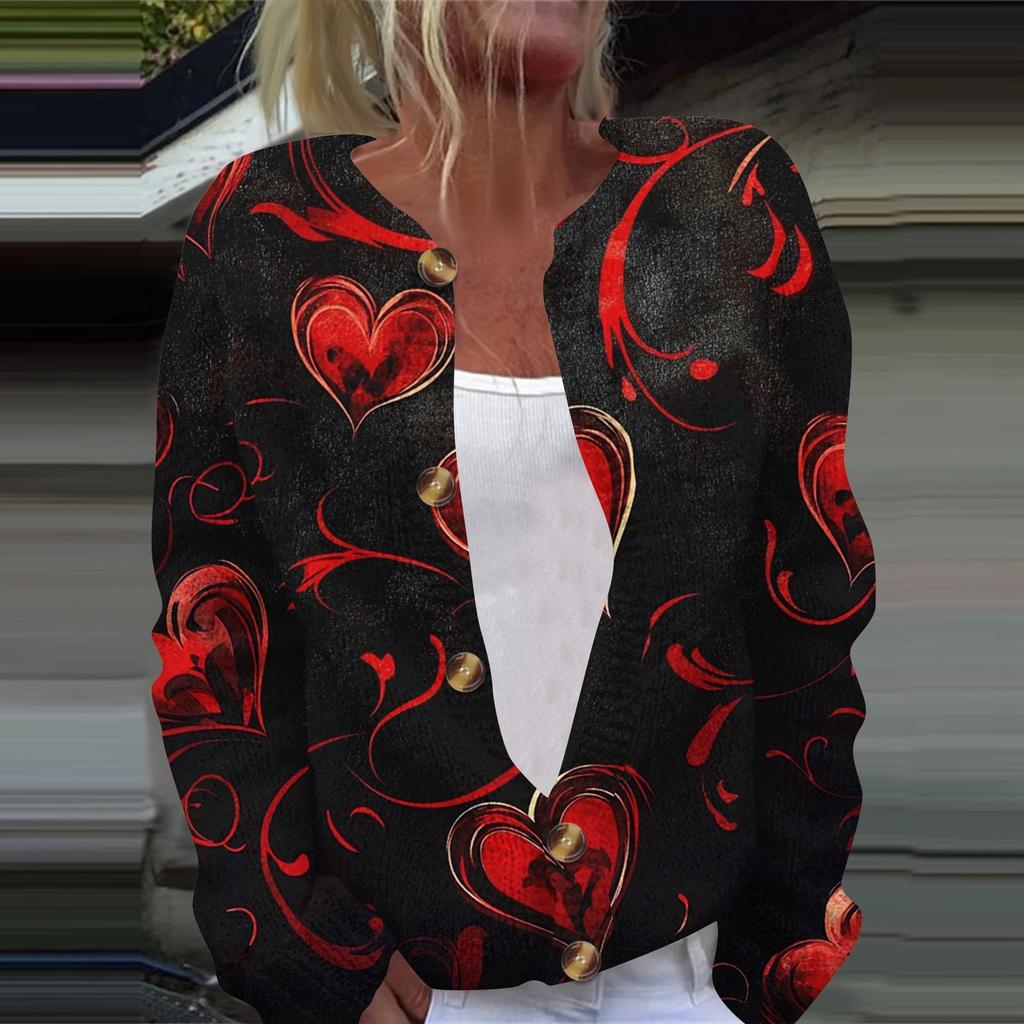 Женская мода День святого Валентина Сердце Принт Длинный рукав Вязаный кардиган Куртка на пуговицах
