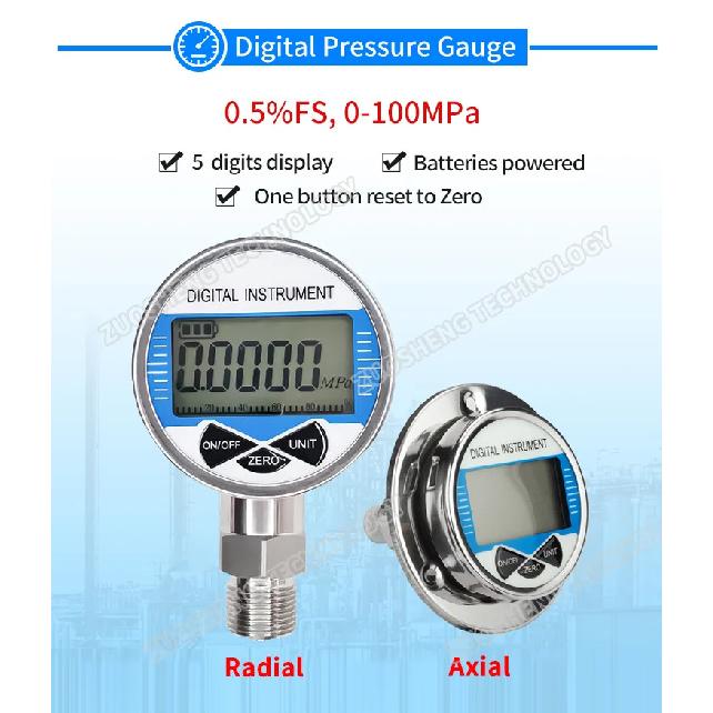 0-1000bar Hydraulic Vacuum Digital Pressure Gauge Axial G 1/4 Male Connector Oil Gas Water Pressure Gauge 4'' Manometer