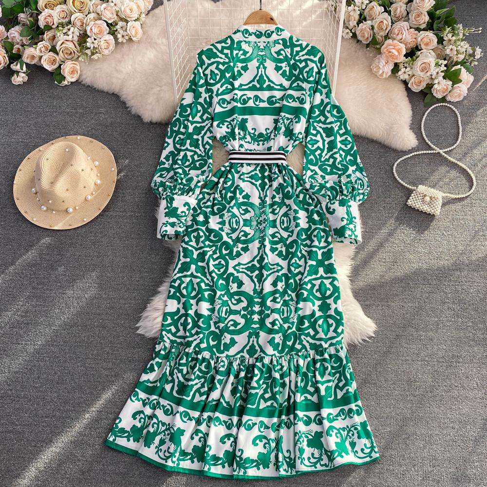 Осеннее модное богемное длинное макси-платье с геометрическим цветочным принтом, женское платье из поплина с воротником-фонариком и рукавами-фонариками на шнуровке, отпускные платья