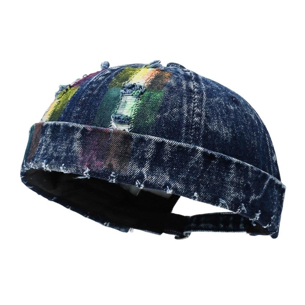 Adjustable Melon Skin Cap Distressed Denim Beanie Fashion Docker Cap Women