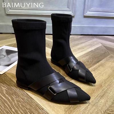 Женские ботильоны на плоской подошве с острым носком, сексуальная обувь 2025 года, дизайнерские зимние сапоги-носки, модные новые гладиаторские ботинки-ботинки Mujer