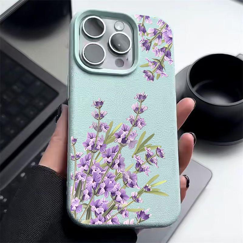 Матовый кожаный противоударный чехол для iPhone 16 Pro Max 15 14 Pro 13 12 11 фиолетовый цветочный узор тонкий мягкий бампер из ТПУ