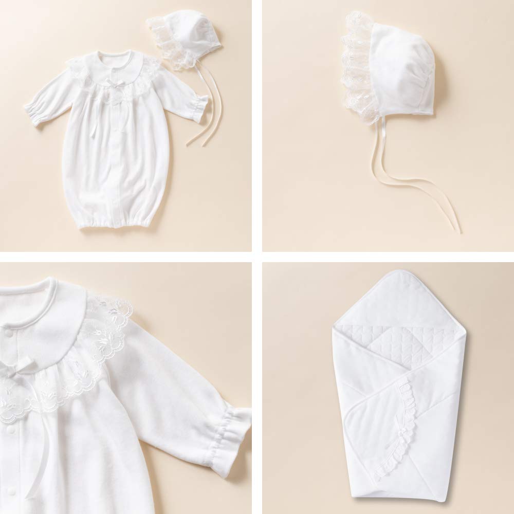 Комплект кремового платья для церемонии из органзы и кружева и для новорожденных, подходит для всех, сделан в размерах 3 предмета (Двустороннее платье по всей поверхности, шляпа, афган)