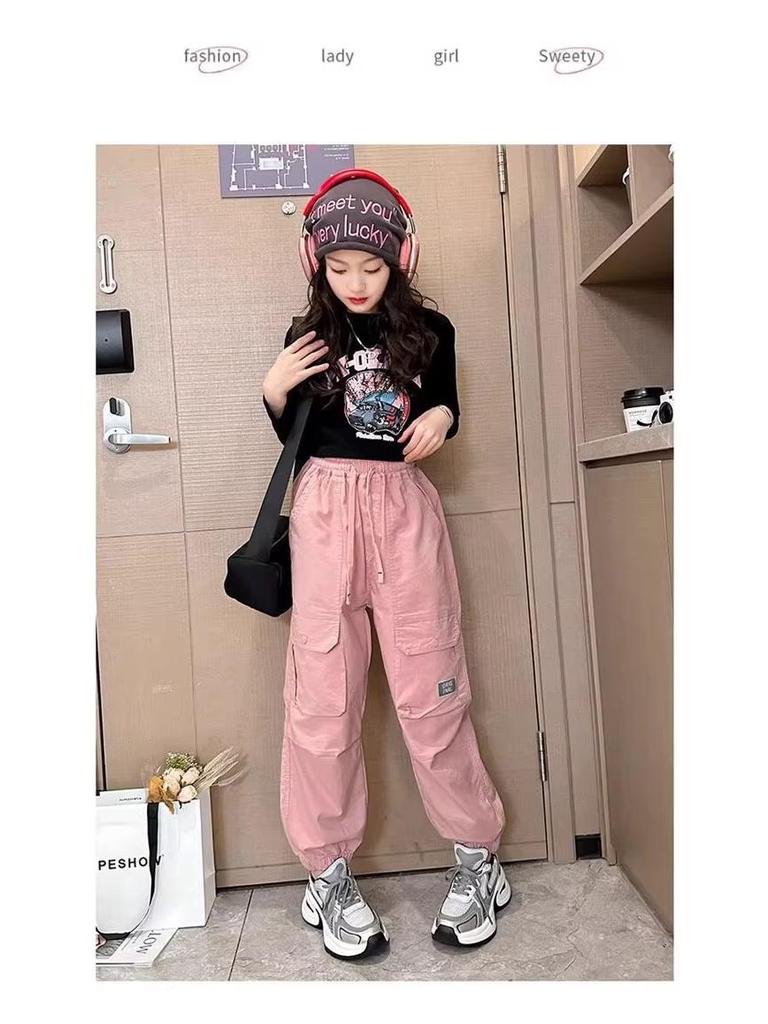 2025 Girls' Plus Velvet Cargo Pants - Elastic Ankle, Loose Fit, Autumn/Winter Comfort for Children