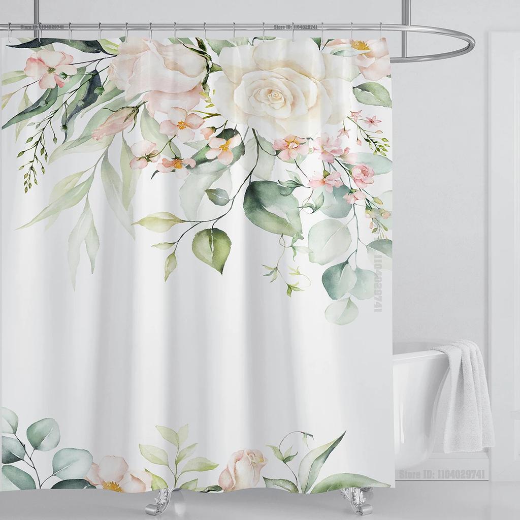 Watercolor Leaves On The Top Plant With Floral Bathroom Greenery Leaf Decoration Watercolor Botanical Shower Curtain With Hooks