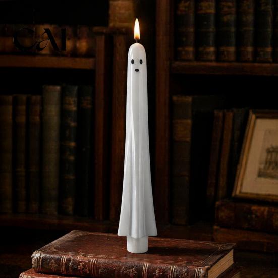 White Wax Ghost Shaped Candles Halloween Flameless Taper Candles, Battery Operated Flickering Candle Light with Safe for Kids Remote, Real 3D Wick LED