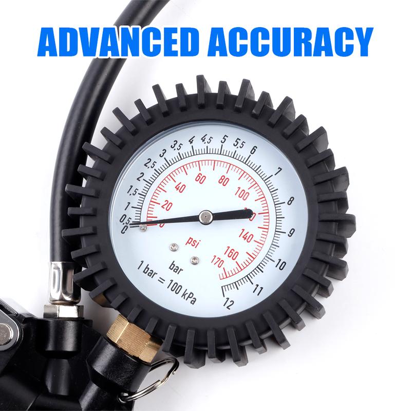 0-170Psi Tire Pressure Gauge, Oil-filled Tire Gauge, Shockproof, Accurate Vehicle Tester Inflation Monitoring, EU/US/JP Adapters