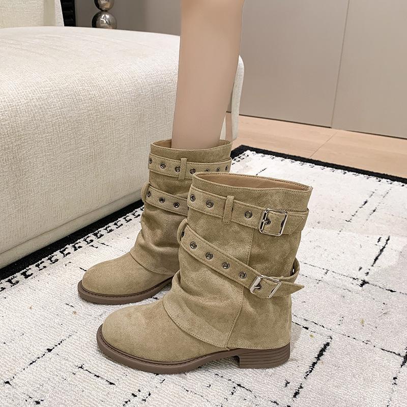 Beauty pile pleated rad short boots trouser tube fashion locomotive boots new boots belt buckle thick heel short boots women