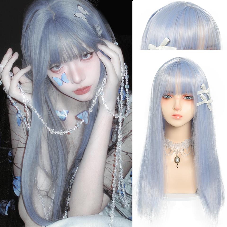 Серо-голубые длинные прямые волосы синтетический парик женский повседневный парик Лолита прямая челка серо-голубые пушистые длинные прямые парик
