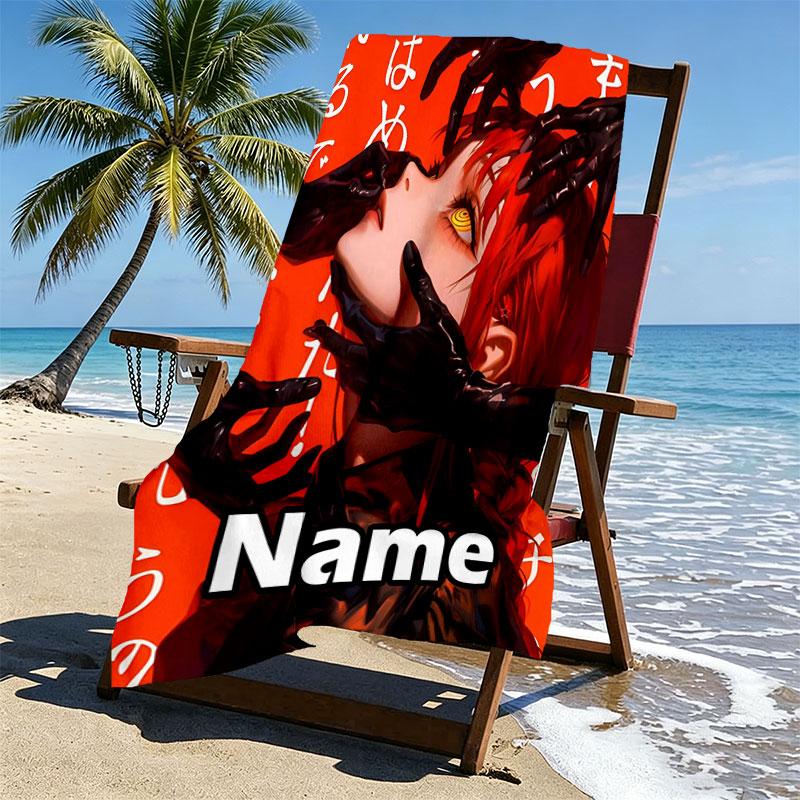 Custom Name Personalized Makima Chainsaw Man Print Beach Towel, for Trip Camping Beach Party Home Decor, Birthday Gift for Family & Friends
