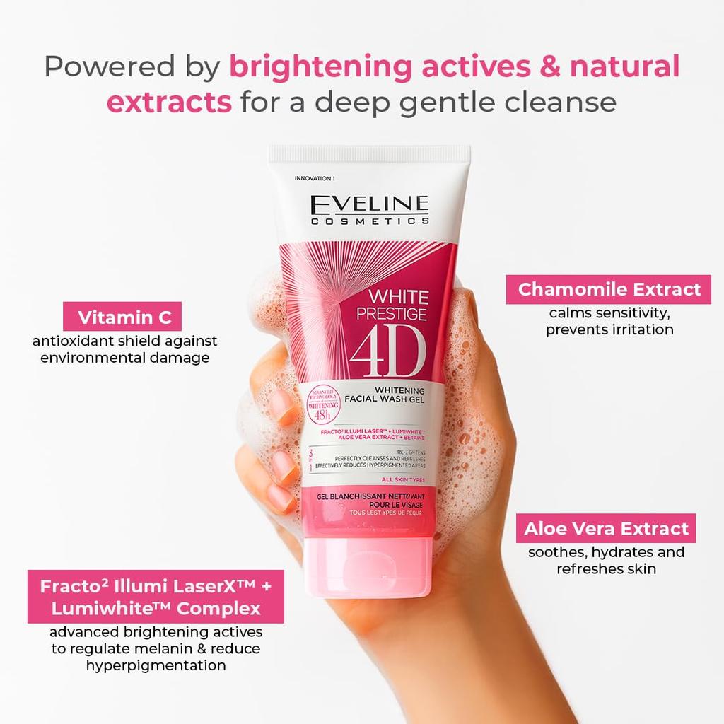 Eveline Cosmetics Bright Prestige 4D Гель для умывания лица 200 мл | Отбеливающий и глубоко очищающий гель для умывания лица | Питает и увлажняет кожу | Удаляет грязь и