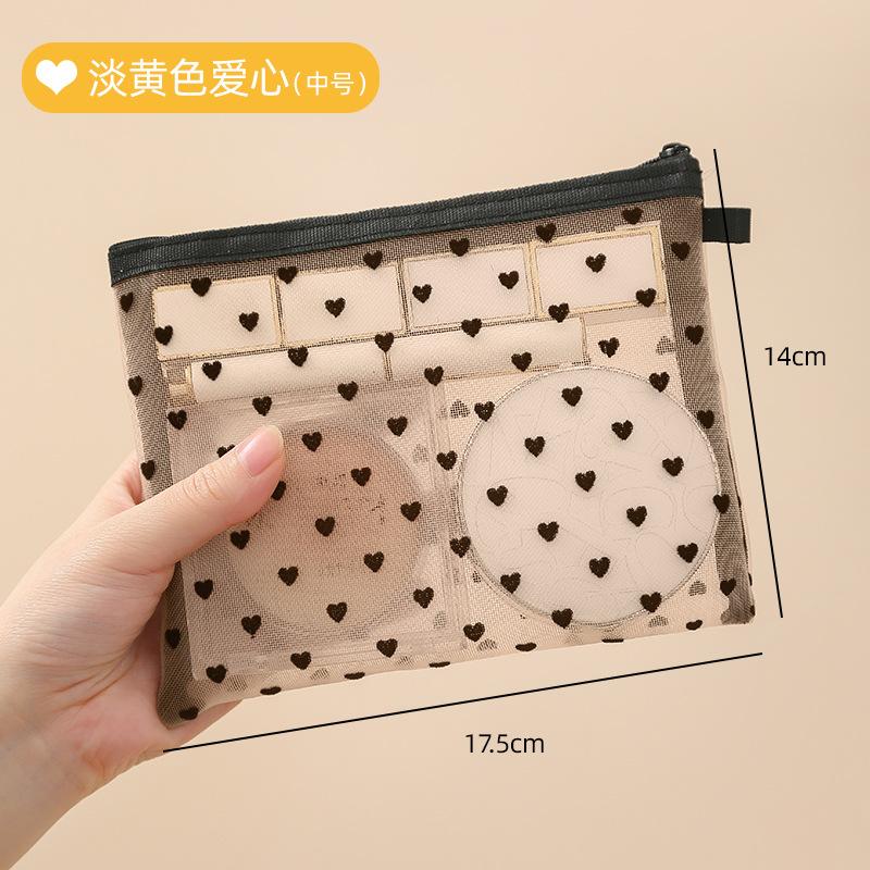 New Heart-Shaped Mesh Makeup Bag Portable Lipstick Makeup Brush Storage Bag Compact Visual Mesh Storage Pouch