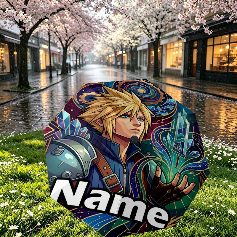 Custom Name Personalized Final Fantasy Print Umbrella, Auto Open Close, 8‑Rib Sturdy Frame, Commute Camping Hiking Use, Birthday Gift