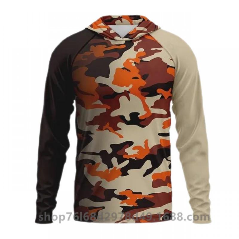 Mens Ice Silk Long Sleeve Fishing Shirt With Integrated Camo Face Cover Hood UPF50 Sun Protection Lightweight Quick Dry