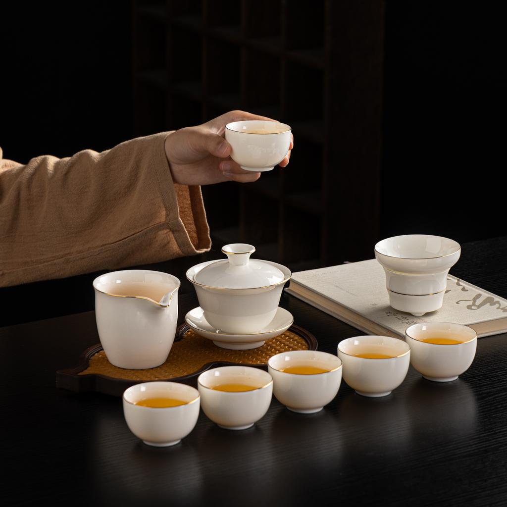 Dehua suet jade porcelain tea set is a complete set of gold-painted white porcelain household tea making utensils Company
