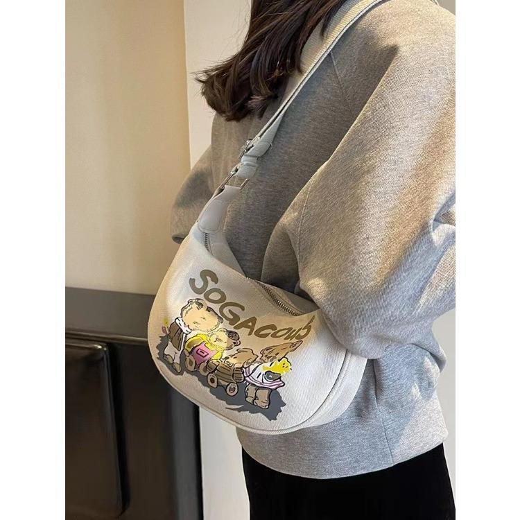Shoulder Bag for Women Cartoon Bear Pattern Saddle Bag Fashionable Girl Canvas Dumpling Bag