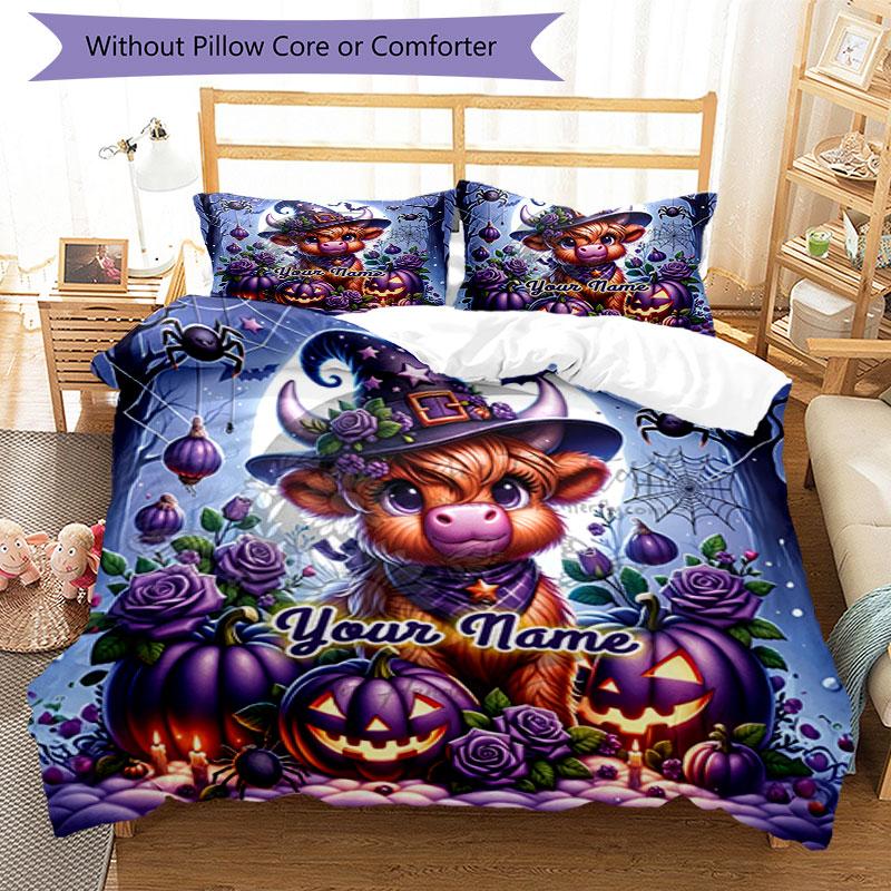 3PC Custom Name Halloween Pumpkin Cow Night Bedding Set Printed Bedding Set Duvet Cover Closure Includes 1 Duvet Cover & 2 Pillowcases for All Seasons