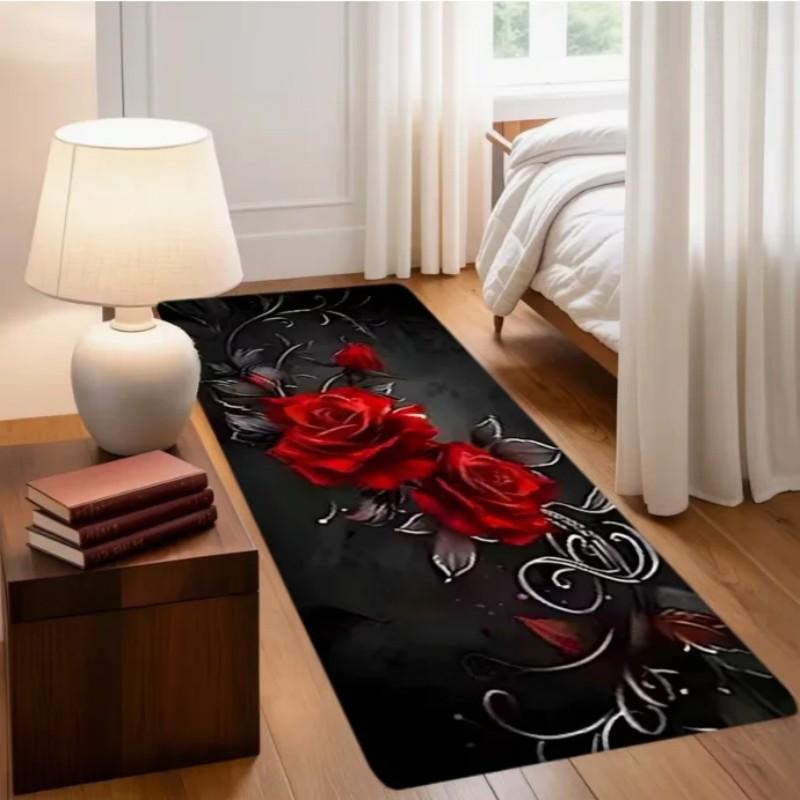 Non-slip Washable Black Red Rose Runner Rug for Kitchen Bedroom Gothic Decor