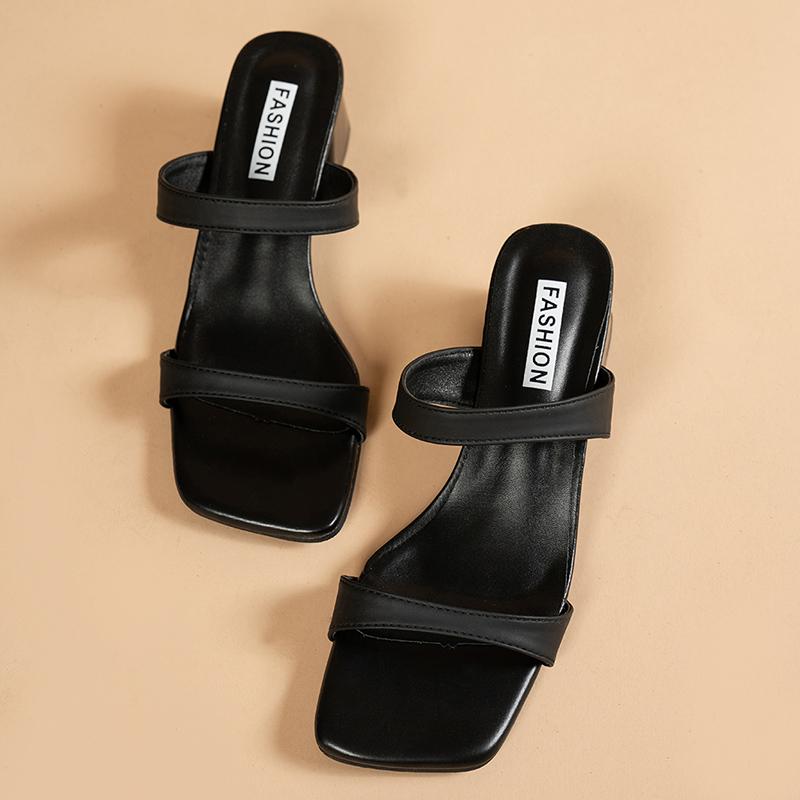 Fashion Black High Heels Sandals for Women 2025 Summer Thick Heeled Outdoor Slippers Woman Plus Size Fashion Square Toe Sandalias Mujer