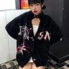 Gothic Y2k Black Spider Web Printed Cardigans Women Harajuku Punk Goth Dark Emo Sweaters Grunge Knitted Tops Autumn Winter