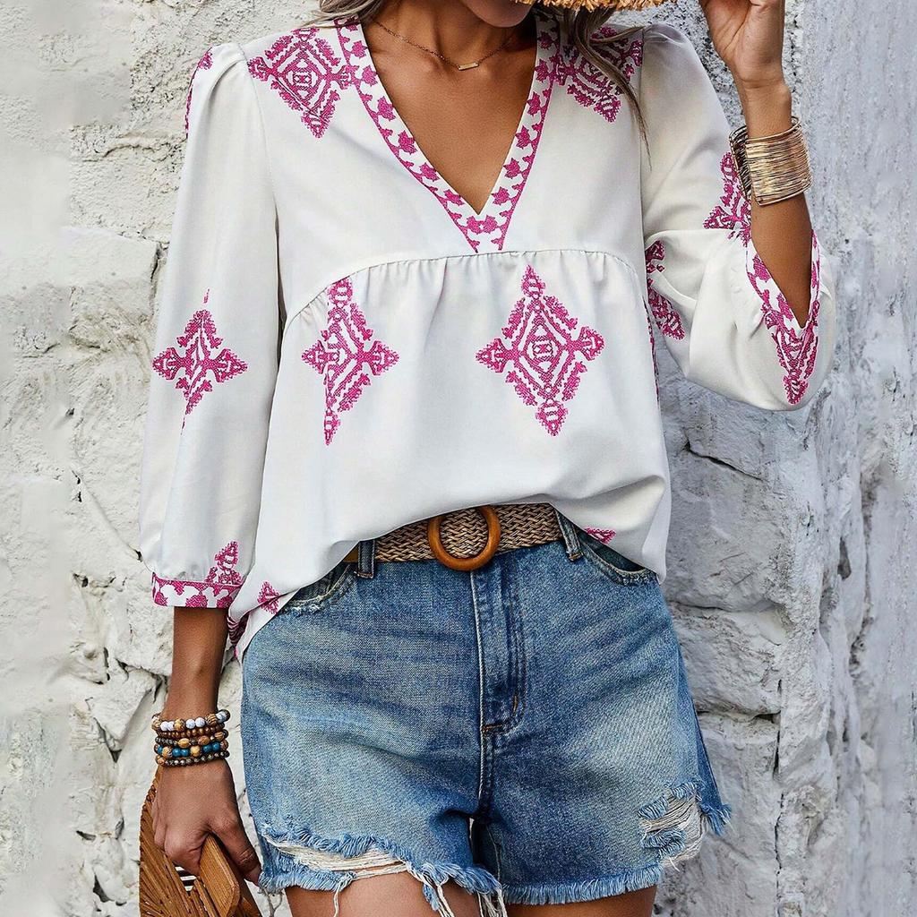 Женский модный повседневный топ с v-образным вырезом и семью рукавами с принтом