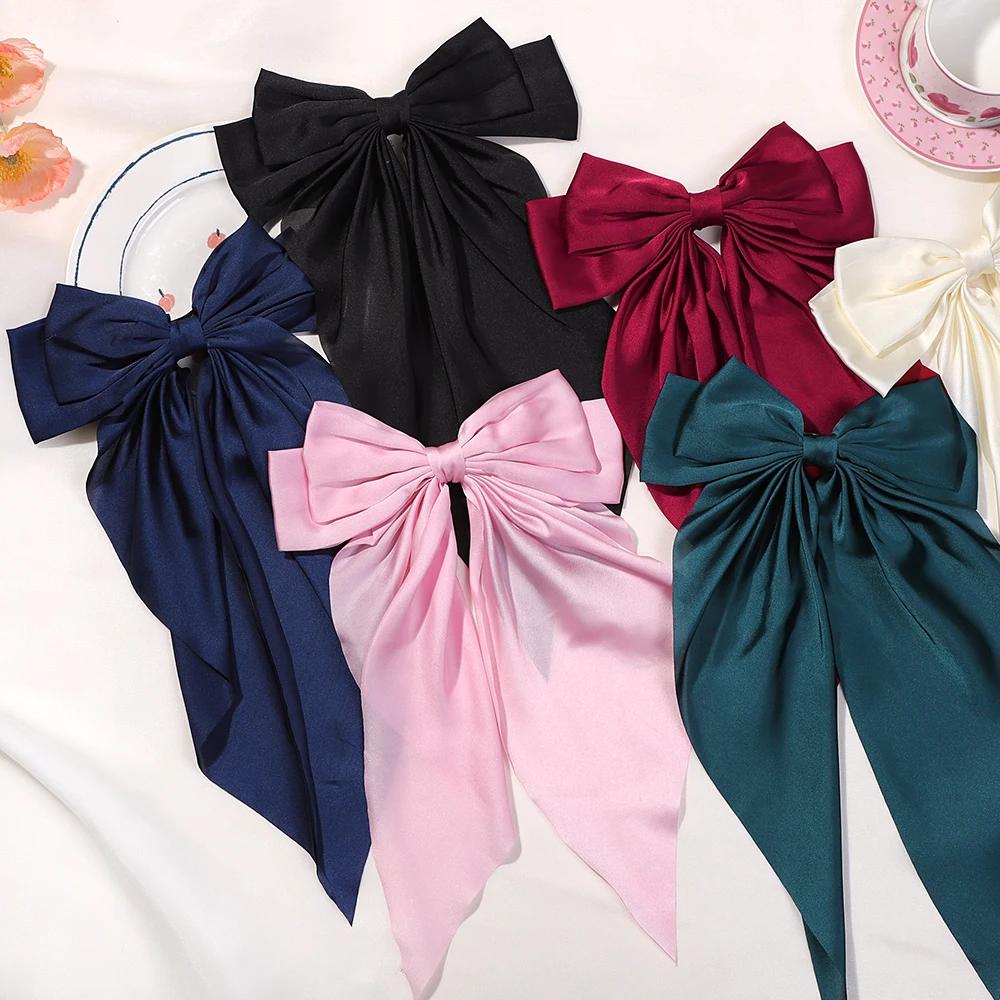 1Pcs 8inch Elegant Bow Ribbon Hair Clip Fashion Solid Bowknot Satin Hairpin Barrettes Girls Ponytail Clip Women Hair Accessories