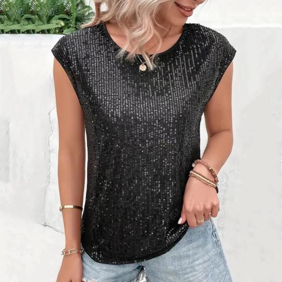 Женская футболка с круглым вырезом без рукавов свободного кроя футболка с блестящими пайетками повседневные футболки стандартного кроя топ повседневная одежда