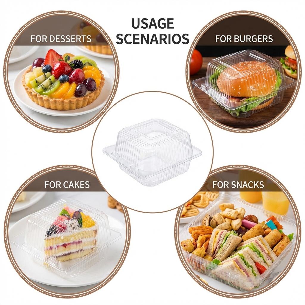 Disposable Plastic Food Containers Transparent Flip Lid with Cover for Desserts Burgers Cakes