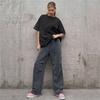 Women Round Neck Short Sleeve Loose Fit Solid Color Washed Distressed Retro Tee Pullover Tops Streetwear