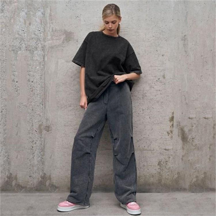 Women Round Neck Short Sleeve Loose Fit Solid Color Washed Distressed Retro Tee Pullover Tops Streetwear