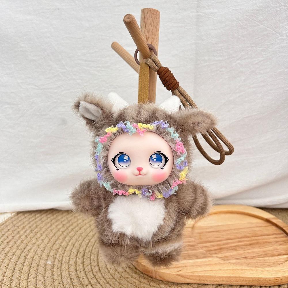 Fluffy Plush Cute Curly Rabbit Plush Charm Soft Vinyl Face Bunny Doll Pendant Gift for Friends