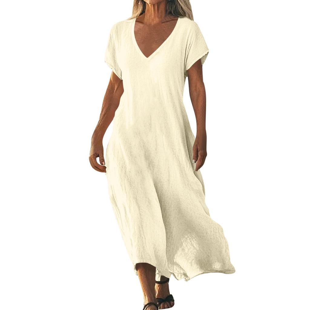 Модное женское однотонное платье с V-образным вырезом, длинное, свободное
