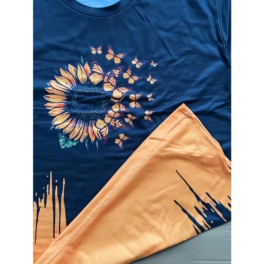 Женская футболка с цветочным принтом - Ярко-желтая и синяя ромашка, круглый вырез, короткий рукав, всесезонный повседневный топ, женские футболки