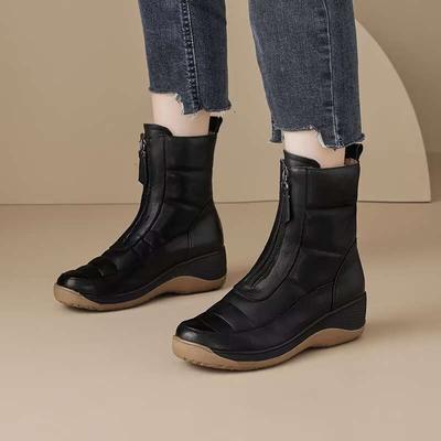 Модные осенне-зимние кожаные ботильоны на молнии с флисовой подкладкой, с круглым носком, водонепроницаемые, на толстой подошве, зимние ботинки для женщин, шикарная и элегантная женская обувь