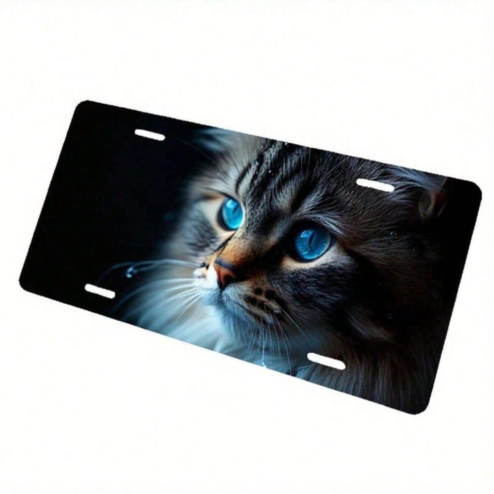 2D Flat Blue-Eyed Cat License Plate Frame, Rustproof Aluminum Front Car Tag Cover, Universal 5.9x11.8 Inch Novelty Decorative Ex