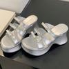 Серебристые туфли-шлепанцы на высокой платформе, модные с бантом, для вечеринки, с открытым носком, повседневные сандалии, летняя удобная нескользящая пляжная обувь-мюли для женщин