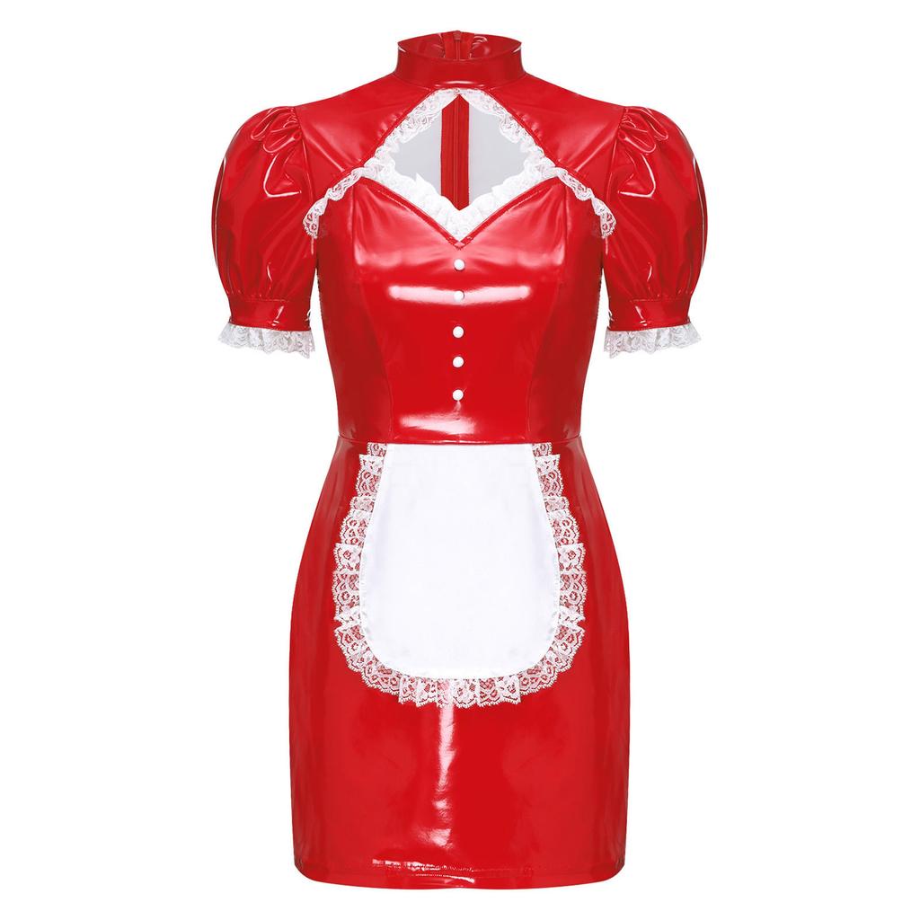 Женский костюм горничной для косплея S-XXL - Облегающее платье из глянцевой ПУ с кружевной отделкой и вырезами, со съемным бантом для Хэллоуина