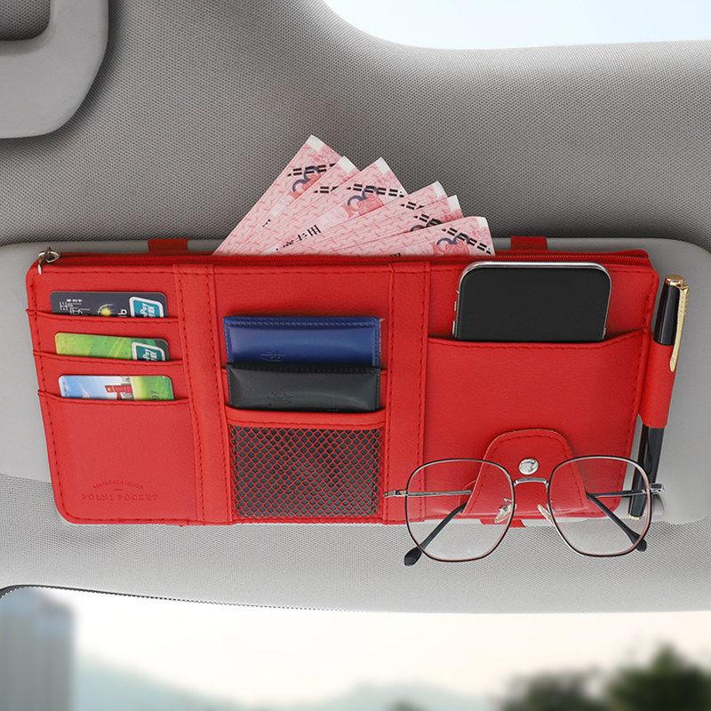 Car Glasses Storage PU Leather Multi-Function Sun Visor Point Organizer Storage Pocket Auto Sunglasses Holder Cards Organizer